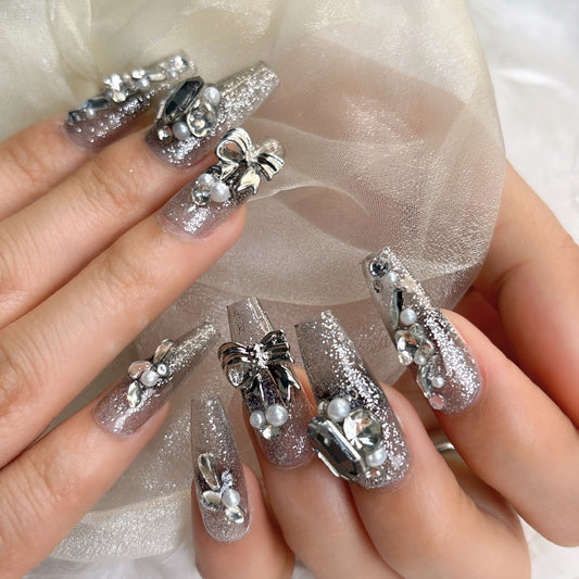 041 Mid-Length  10PCS detachable reusable Handmade press on nails of Heavy industry light luxury European and American big diamond nail art