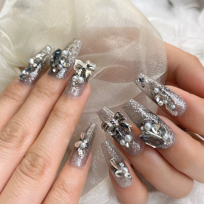 041 Mid-Length  10PCS detachable reusable Handmade press on nails of Heavy industry light luxury European and American big diamond nail art