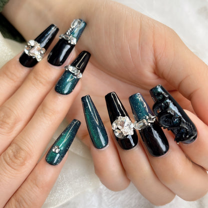 042 Long Square 10PCS detachable reusable Handmade press on nails of Premium dragon lion green cat-eye manicure