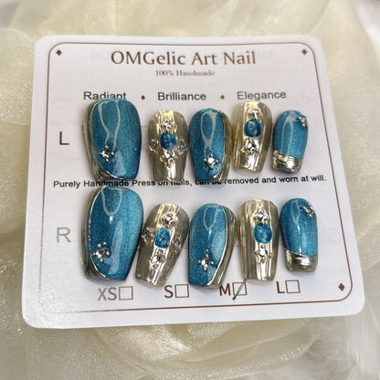 043 Short Square 10PCS detachable reusable Handmade press on nails of Coral Manor fine diamond manicure