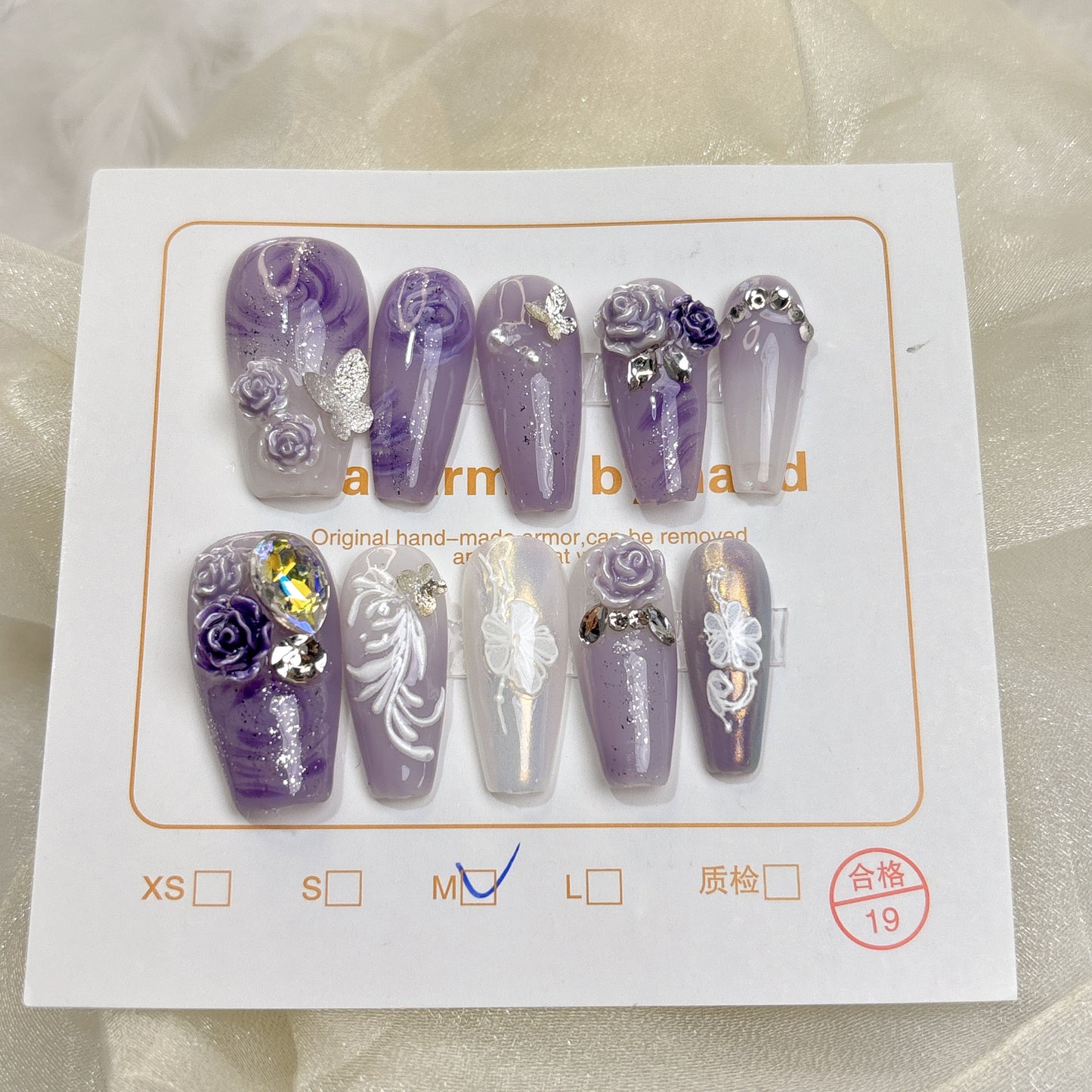 044 Mid-Length 10PCS detachable reusable Handmade press on nails of Lavender purple rose manicure