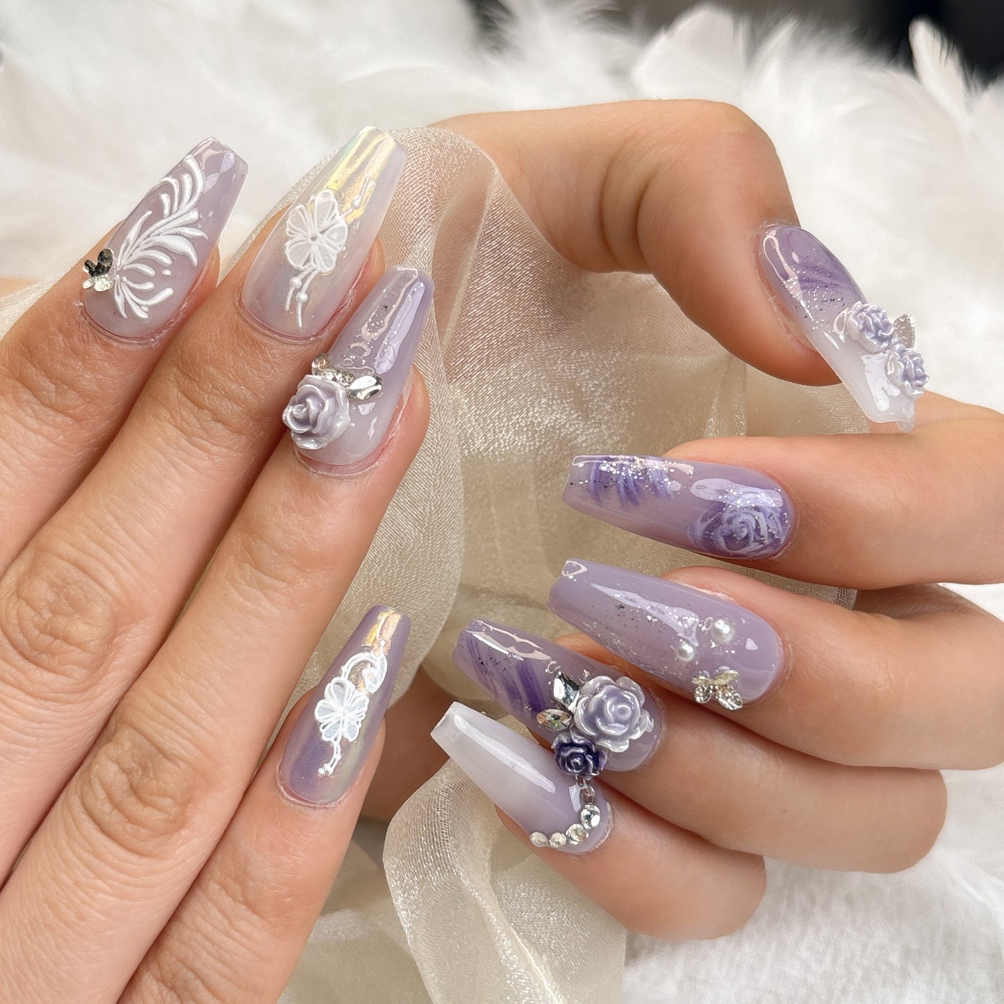 044 Mid-Length 10PCS detachable reusable Handmade press on nails of Lavender purple rose manicure