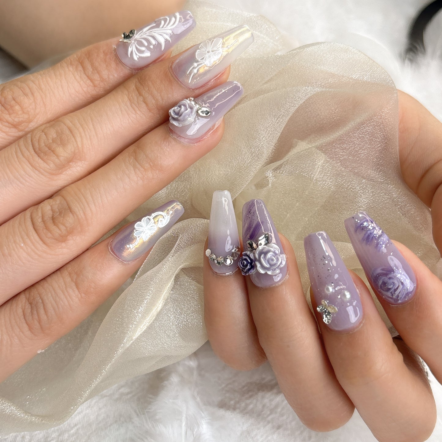 044 Mid-Length 10PCS detachable reusable Handmade press on nails of Lavender purple rose manicure