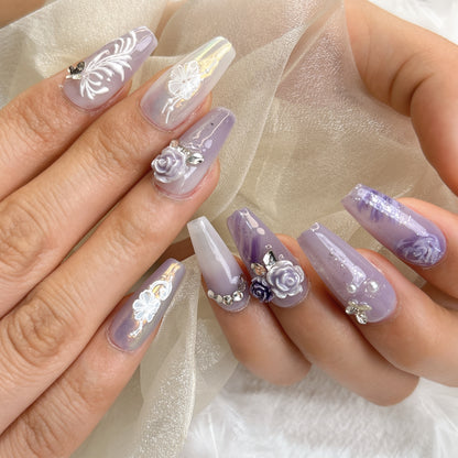 044 Mid-Length 10PCS detachable reusable Handmade press on nails of Lavender purple rose manicure