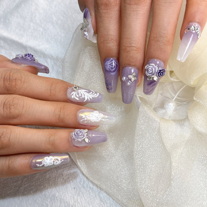 044 Mid-Length 10PCS detachable reusable Handmade press on nails of Lavender purple rose manicure