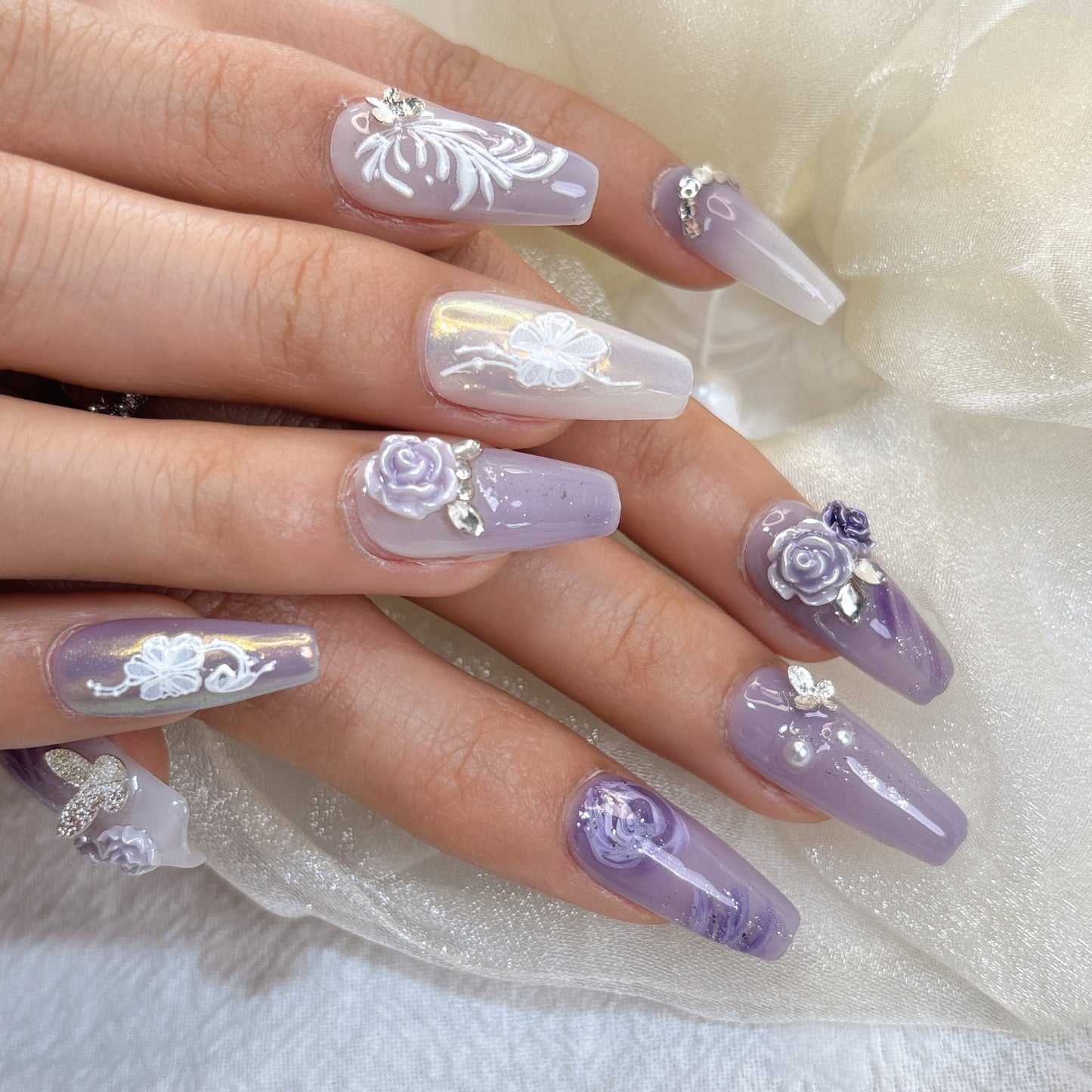 044 Mid-Length 10PCS detachable reusable Handmade press on nails of Lavender purple rose manicure