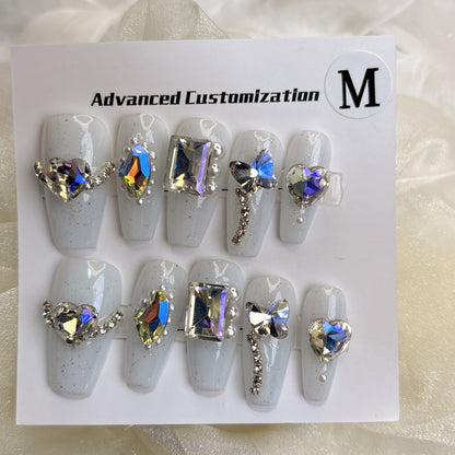 047 Mid-Length 10PCS detachable reusable Handmade press on nails of Fantastic fancy diamond manicure