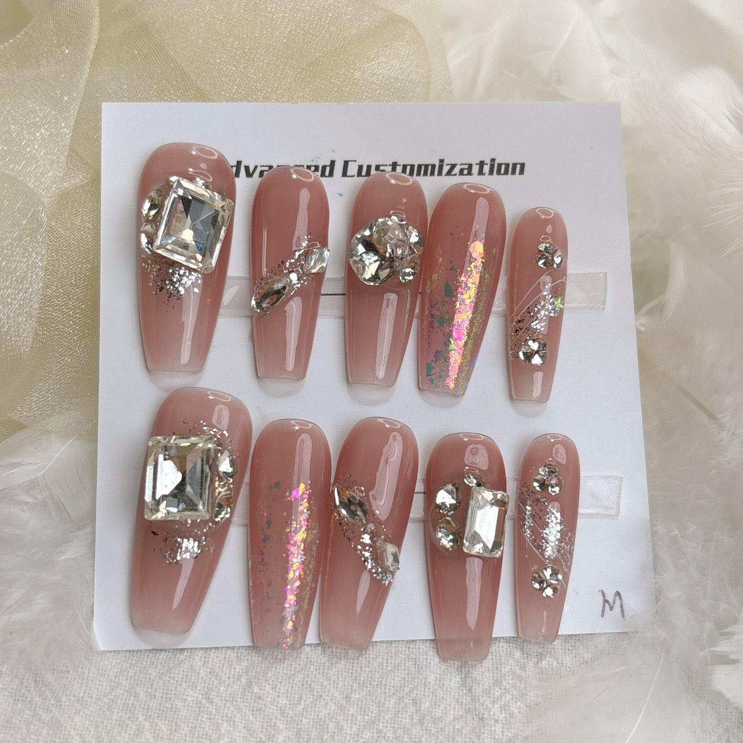 048 Long Square 10PCS detachable reusable Handmade press on nails of White nude full diamond opal mist manicure