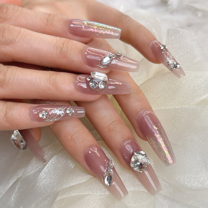 048 Long Square 10PCS detachable reusable Handmade press on nails of White nude full diamond opal mist manicure