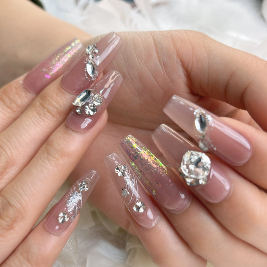 048 Long Square 10PCS detachable reusable Handmade press on nails of White nude full diamond opal mist manicure