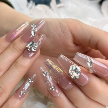 048 Long Square 10PCS detachable reusable Handmade press on nails of White nude full diamond opal mist manicure