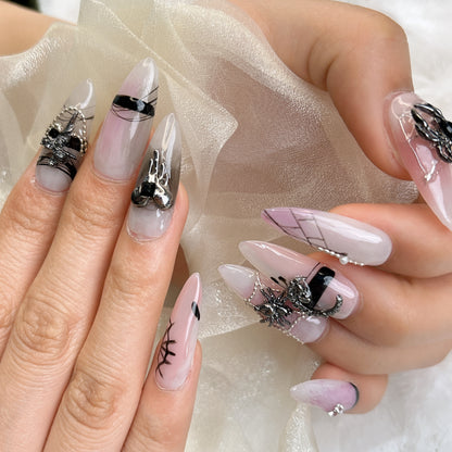 049 Stiletto 10PCS detachable reusable Handmade press on nails of Retro dark style sweet cool ether ancient nail art