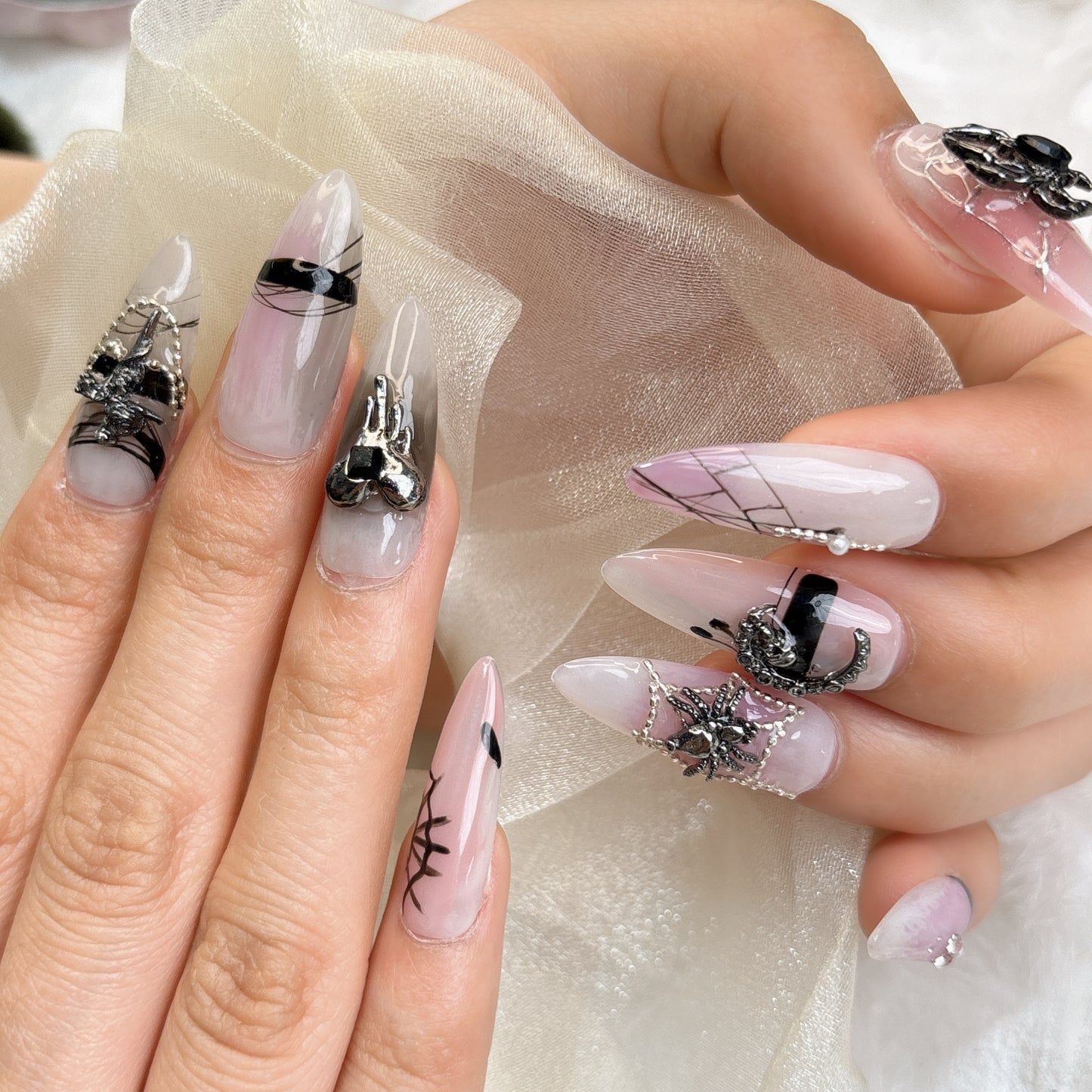 049 Stiletto 10PCS detachable reusable Handmade press on nails of Retro dark style sweet cool ether ancient nail art