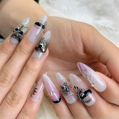 049 Stiletto 10PCS detachable reusable Handmade press on nails of Retro dark style sweet cool ether ancient nail art