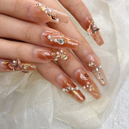 050 Long Square 10PCS detachable reusable Handmade press on nails of Autumn letter sweet orange manicure