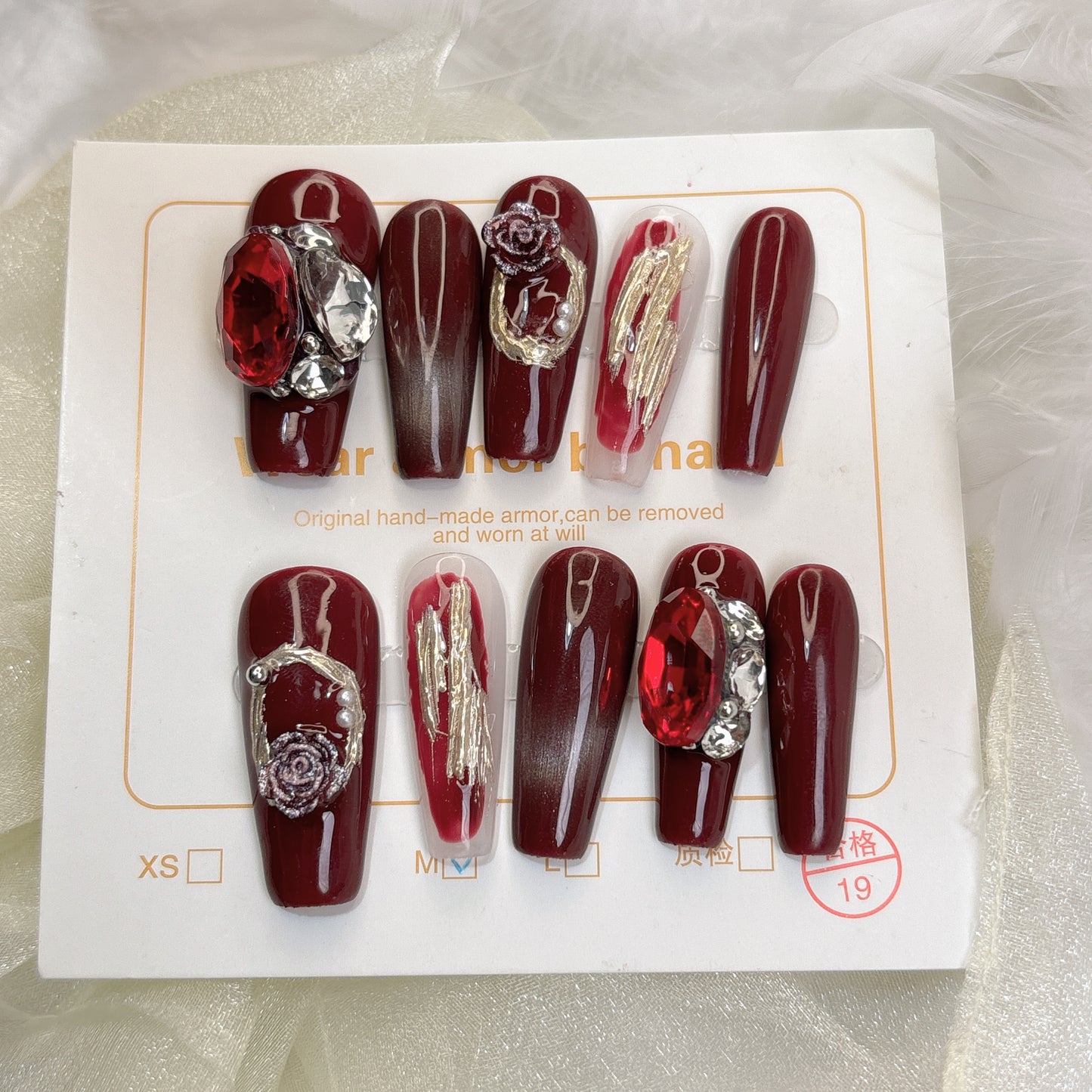 052 Long Square  10PCS detachable reusable Handmade press on nails of Christmas red personality cat-eye manicure