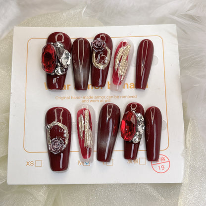 052 Long Square  10PCS detachable reusable Handmade press on nails of Christmas red personality cat-eye manicure