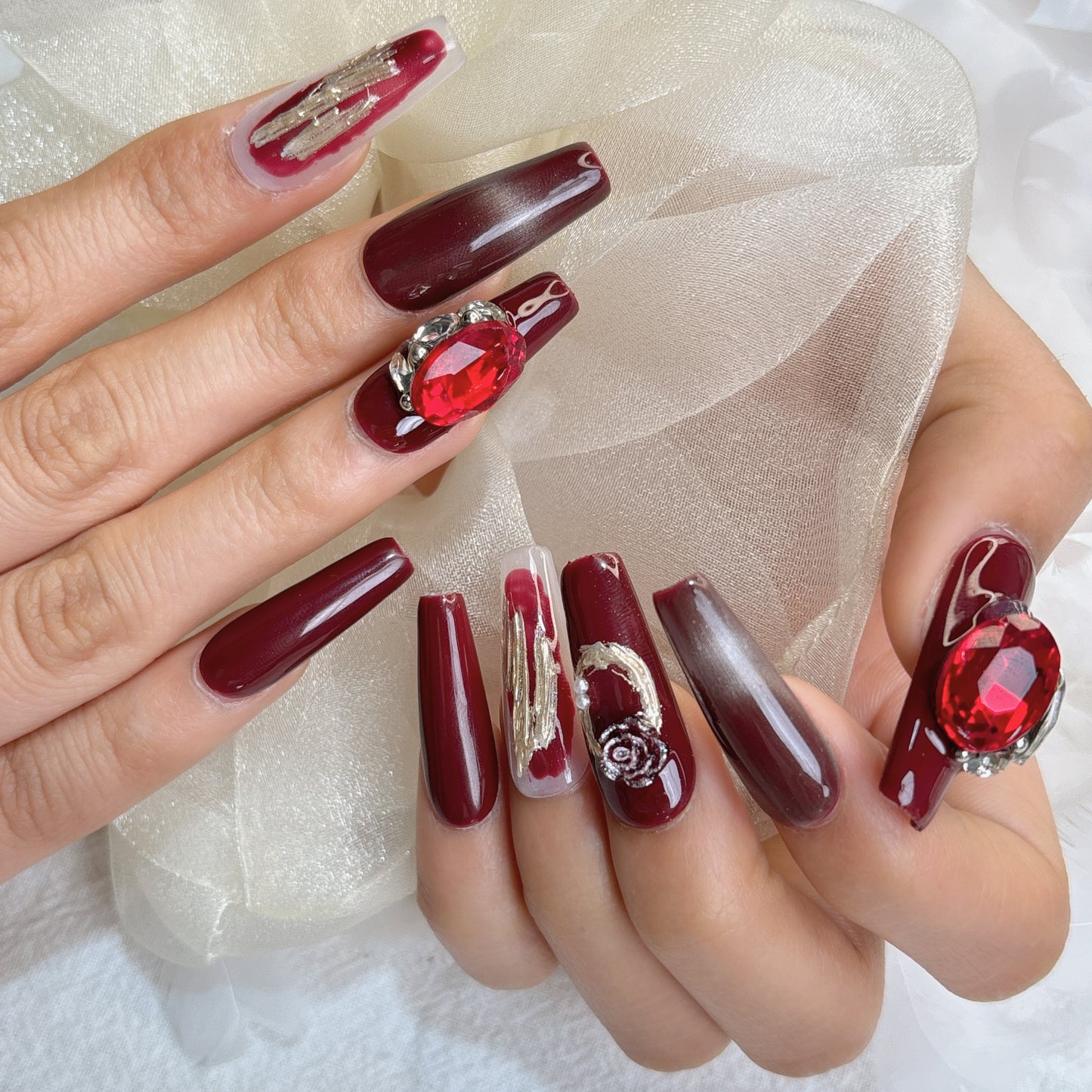 052 Long Square  10PCS detachable reusable Handmade press on nails of Christmas red personality cat-eye manicure