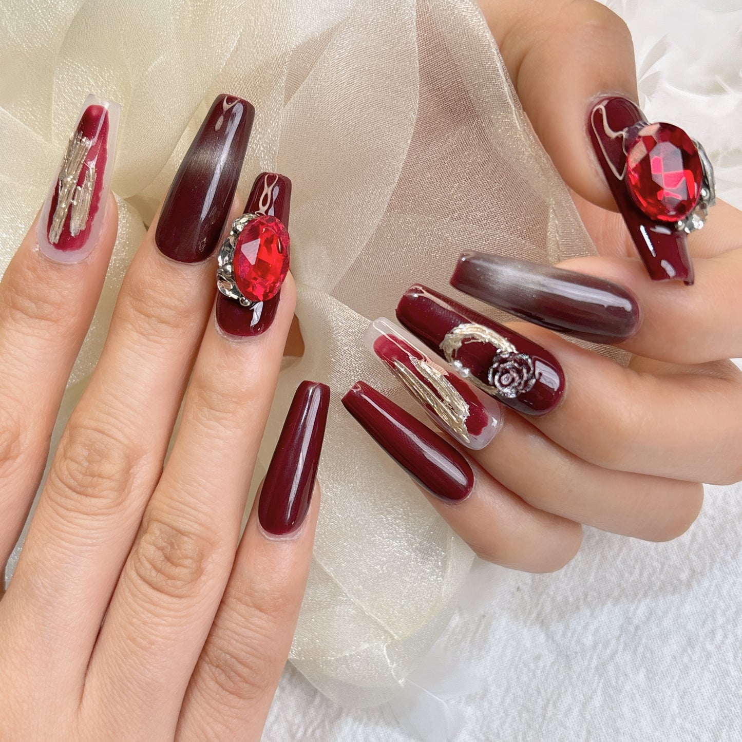 052 Long Square  10PCS detachable reusable Handmade press on nails of Christmas red personality cat-eye manicure