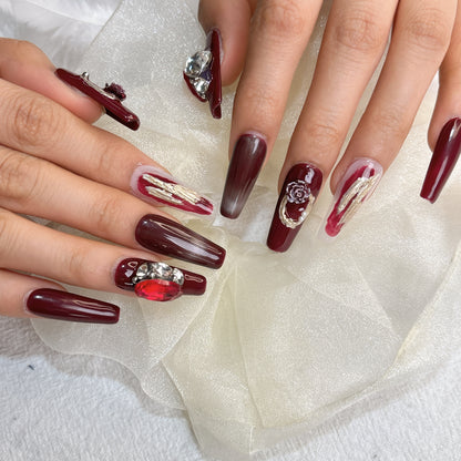 052 Long Square  10PCS detachable reusable Handmade press on nails of Christmas red personality cat-eye manicure