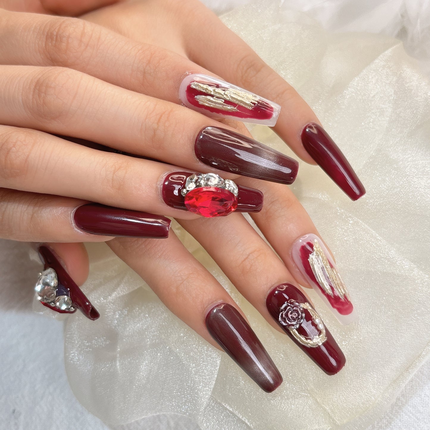 052 Long Square  10PCS detachable reusable Handmade press on nails of Christmas red personality cat-eye manicure