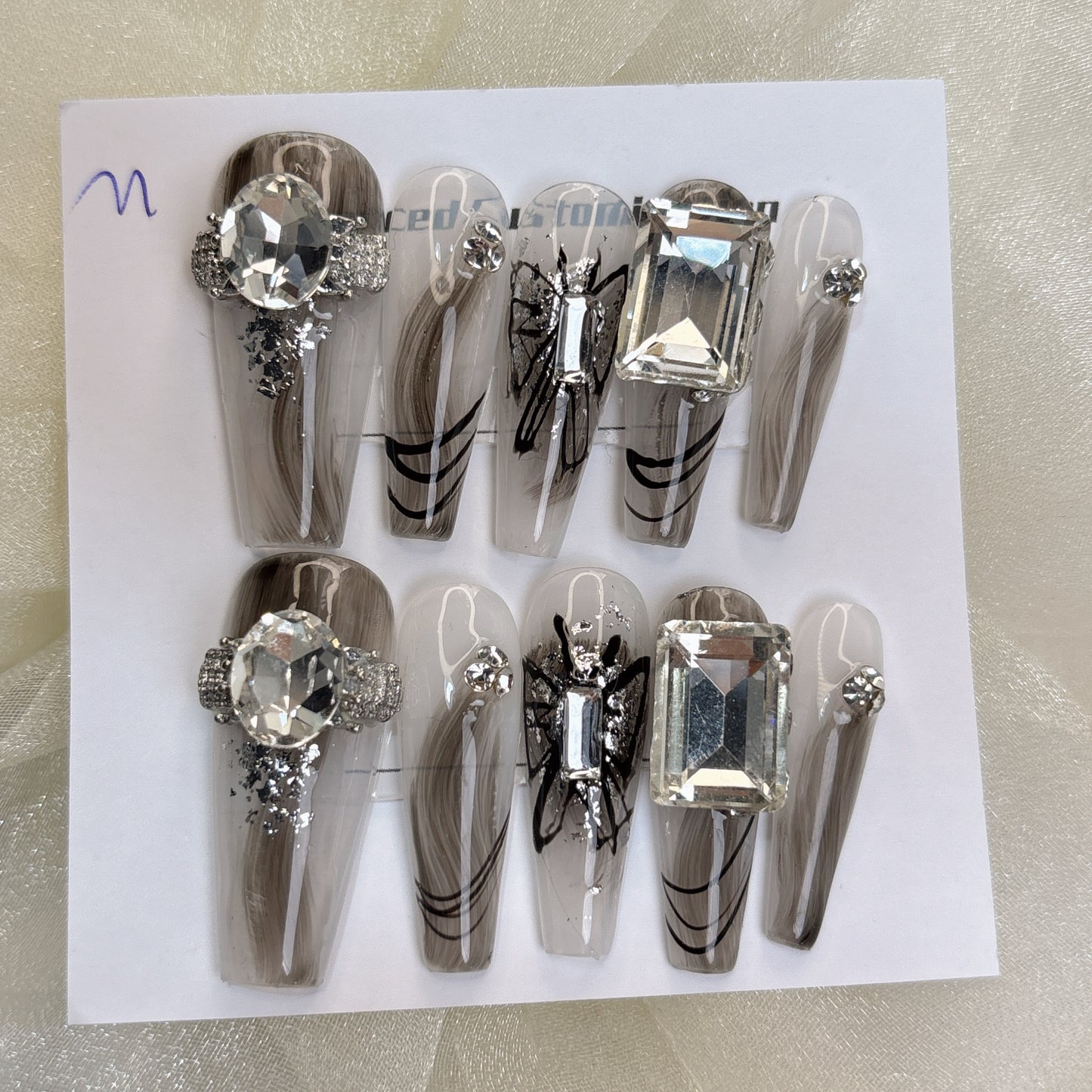 053 Long Square 10PCS detachable reusable Handmade press on nails of   Premium hand-painted striped butterfly diamond manicure