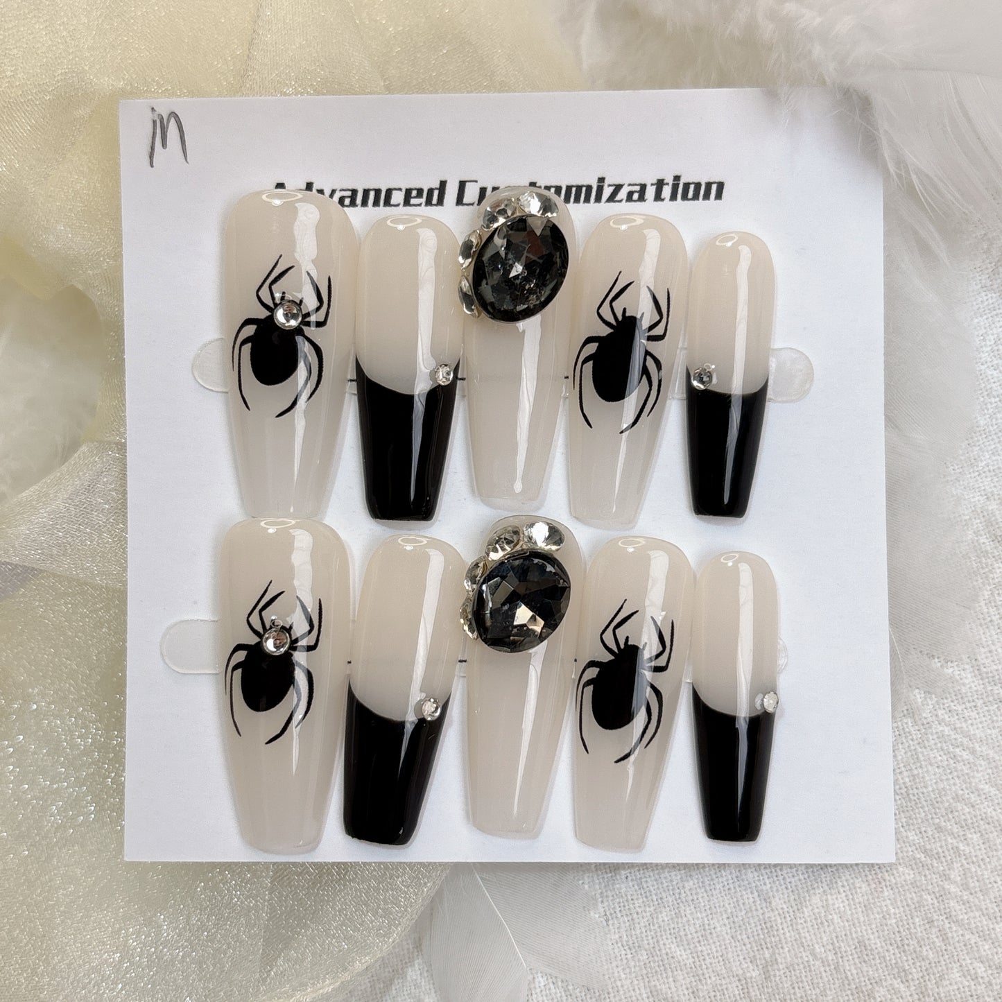 054  Long Square 10PCS detachable reusable Handmade press on nails of French sweet cool personality spider manicure