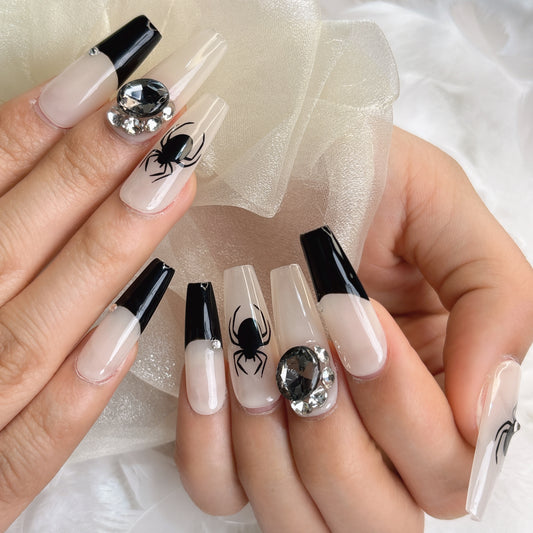 054  Long Square 10PCS detachable reusable Handmade press on nails of French sweet cool personality spider manicure