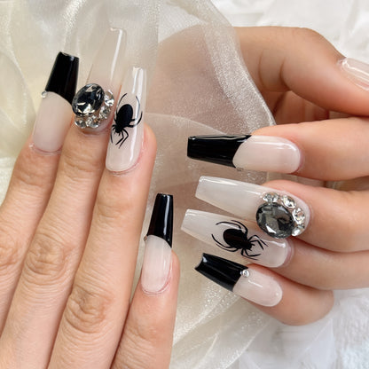 054  Long Square 10PCS detachable reusable Handmade press on nails of French sweet cool personality spider manicure