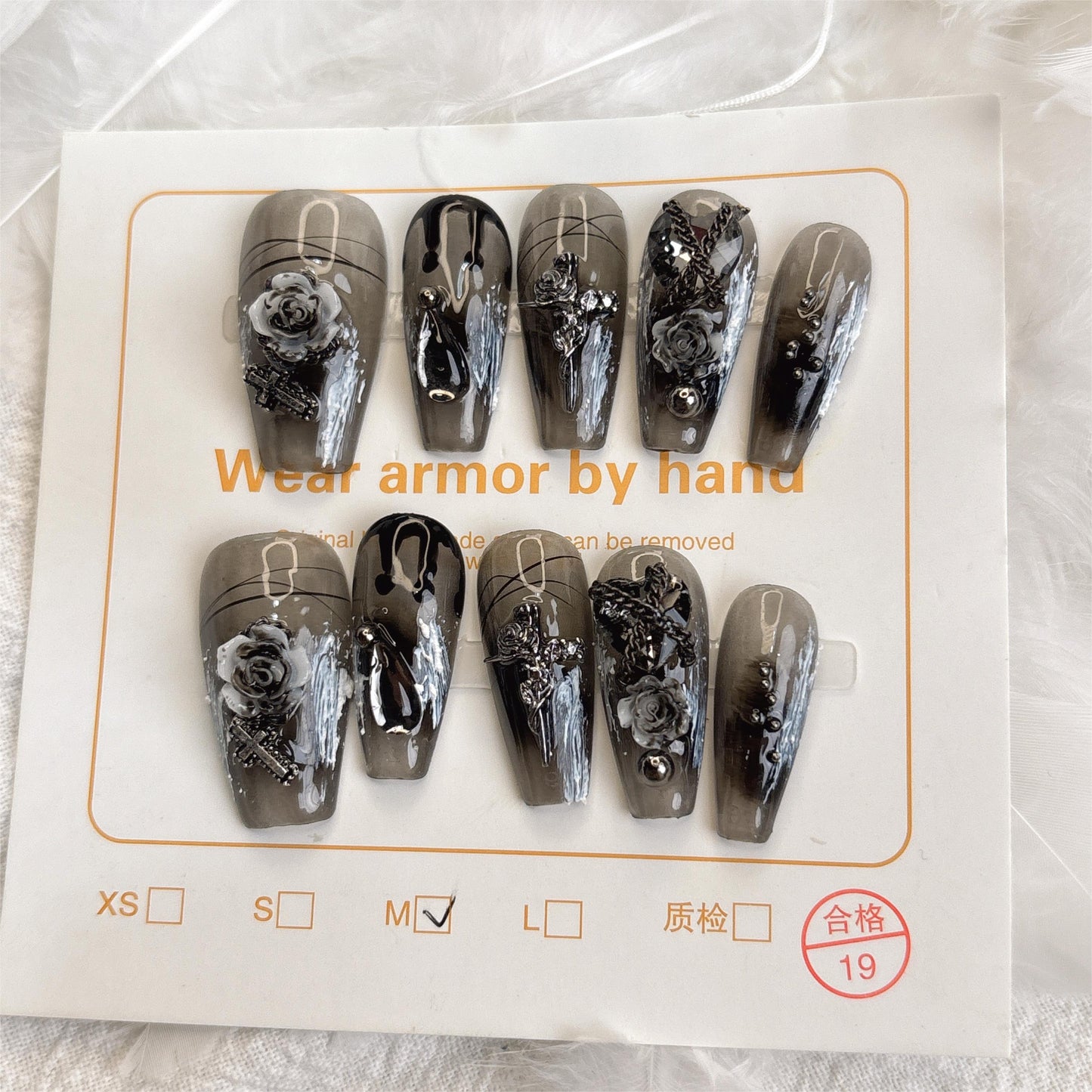 055 Mid-Length 10PCS detachable reusable Handmade press on nails of Rose manicure blooming on a cross