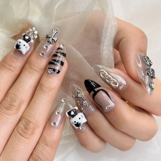 057 Stiletto  10PCS detachable reusable Handmade press on nails of The popular cullomi sweet cool metallic nail art