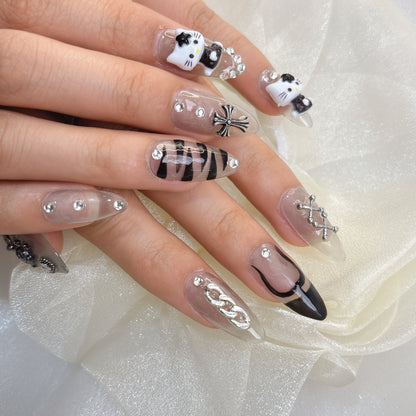 057 Stiletto  10PCS detachable reusable Handmade press on nails of The popular cullomi sweet cool metallic nail art