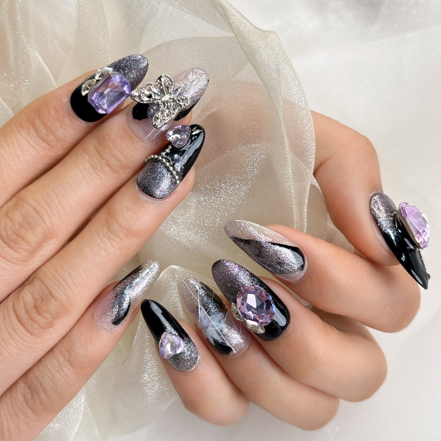 058 Stiletto 10PCS detachable reusable Handmade press on nails of Dark butterfly heavy industry flashing love nail art