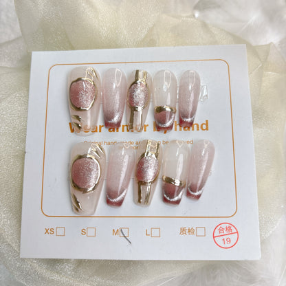 059 Mid-Length 10PCS detachable reusable Handmade press on nails of INS Magic Mirror Pink Light Therapy Manicure