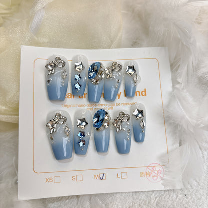 062 Short Square 10PCS detachable reusable Handmade press on nails of Star-moon blue gradient pile diamond manicure