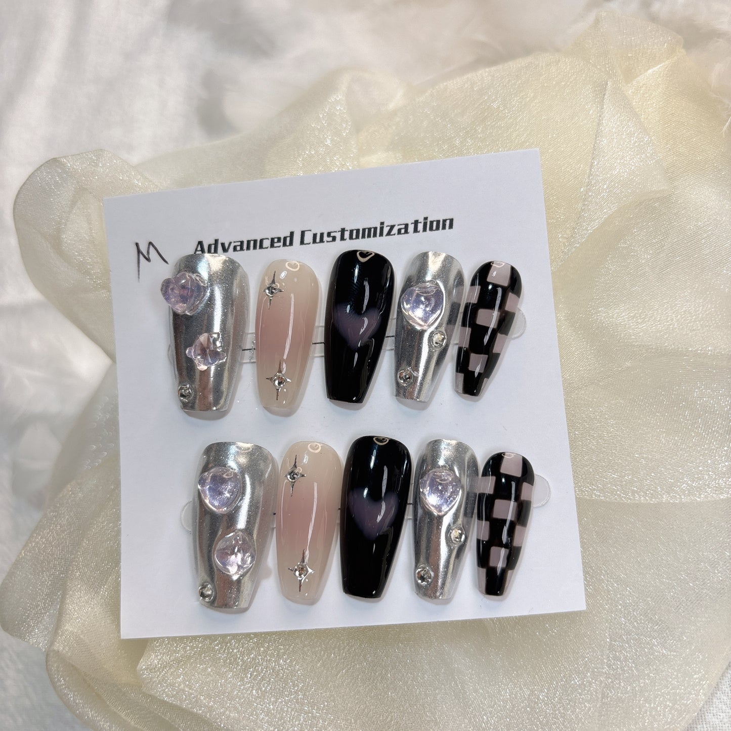 063 Mid-Length 10PCS detachable reusable Handmade press on nails of Sweetheart black pink checkerboard manicure