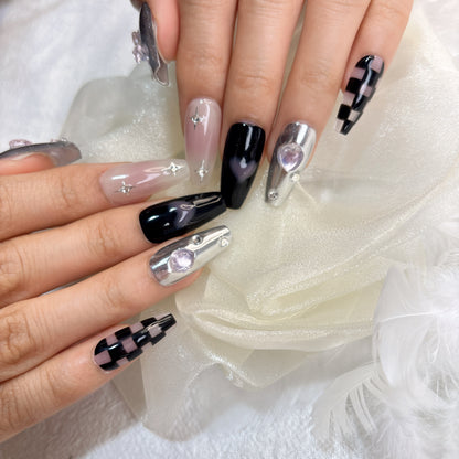 063 Mid-Length 10PCS detachable reusable Handmade press on nails of Sweetheart black pink checkerboard manicure