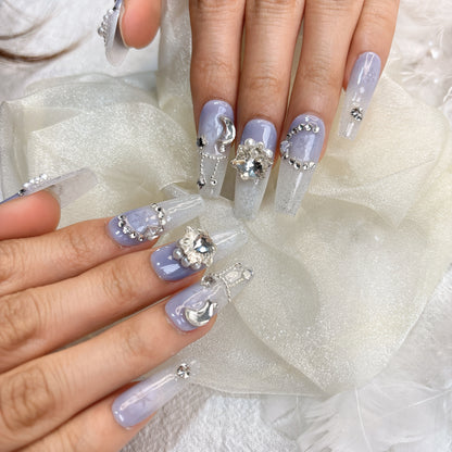 066 Long Square 10PCS detachable reusable Handmade press on nails of High-grade sparkle steel balls full of diamond snowflake manicure