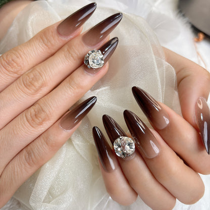 069 Stiletto 10PCS detachable reusable Handmade press on nails of Black and brown brown gradient to modify the manicure