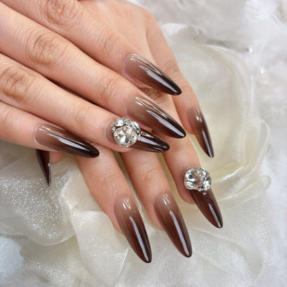 069 Stiletto 10PCS detachable reusable Handmade press on nails of Black and brown brown gradient to modify the manicure