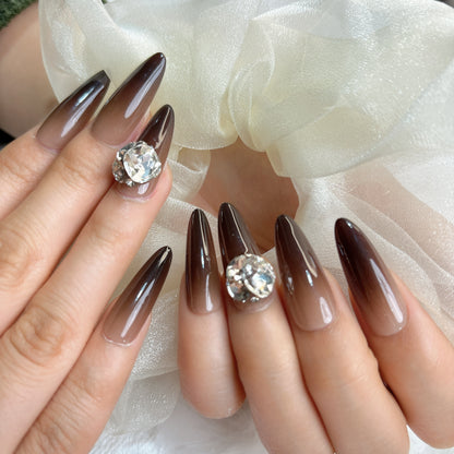 069 Stiletto 10PCS detachable reusable Handmade press on nails of Black and brown brown gradient to modify the manicure