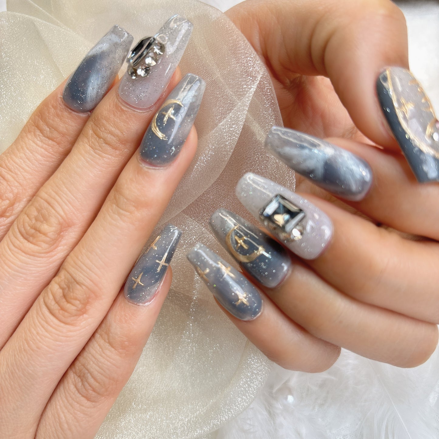 072 Mid-Length  10PCS detachable reusable Handmade press on nails of Spice girl blue gilt manicure