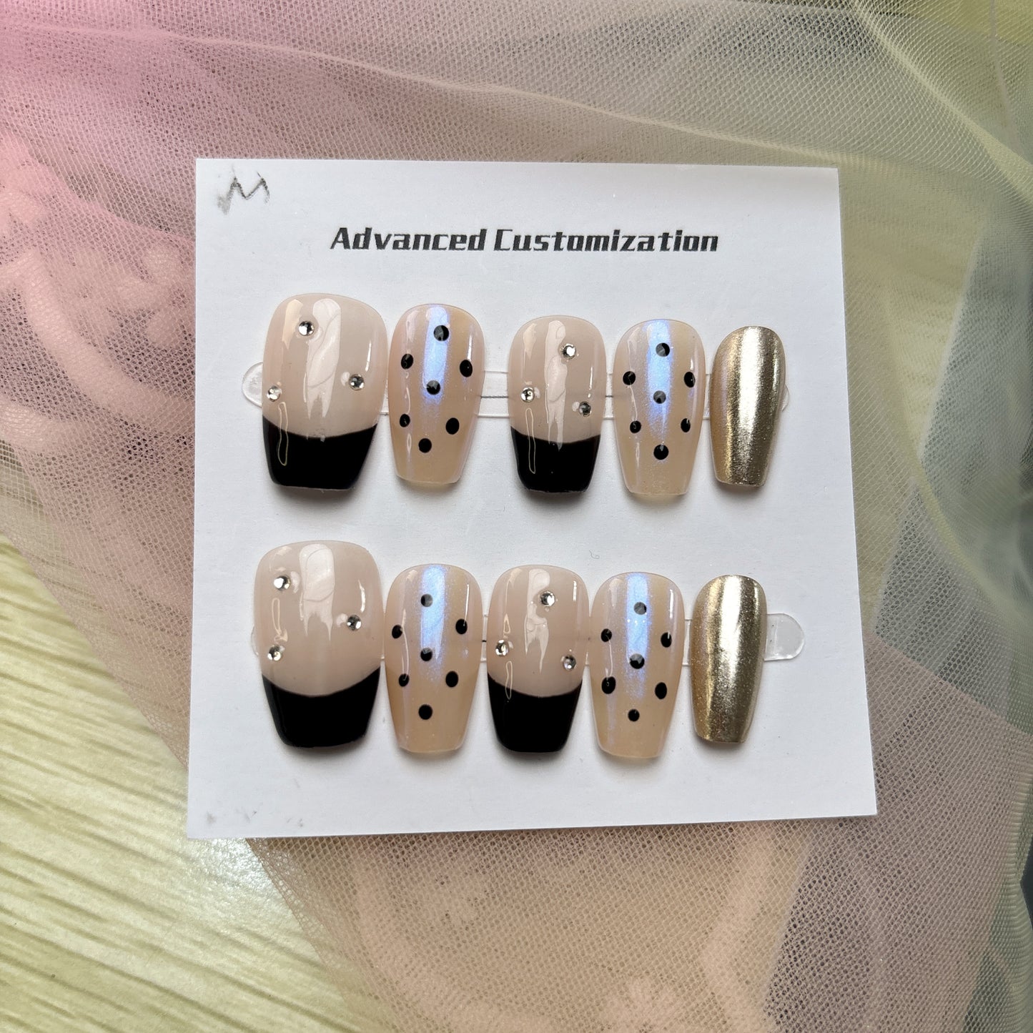 075 Short Square 10PCS detachable reusable Handmade press on nails of  Creamy polka dot French whitening manicure