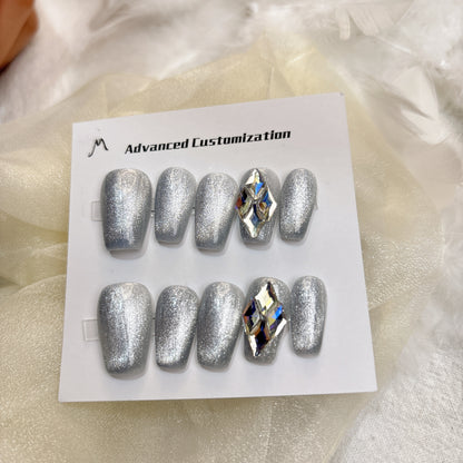 077 Short Square 10PCS detachable reusable Handmade press on nails of Blue and silver aurora cat-eye manicure