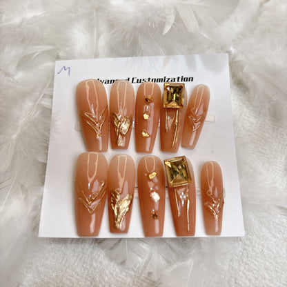 079 Long Square 10PCS detachable reusable Handmade press on nails of  Gentle temperament gold leaf manicure