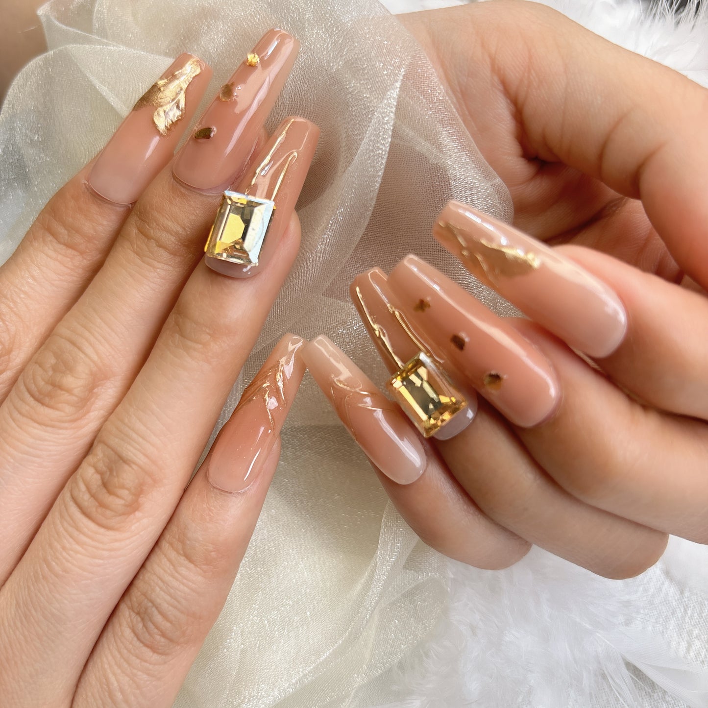 079 Long Square 10PCS detachable reusable Handmade press on nails of  Gentle temperament gold leaf manicure