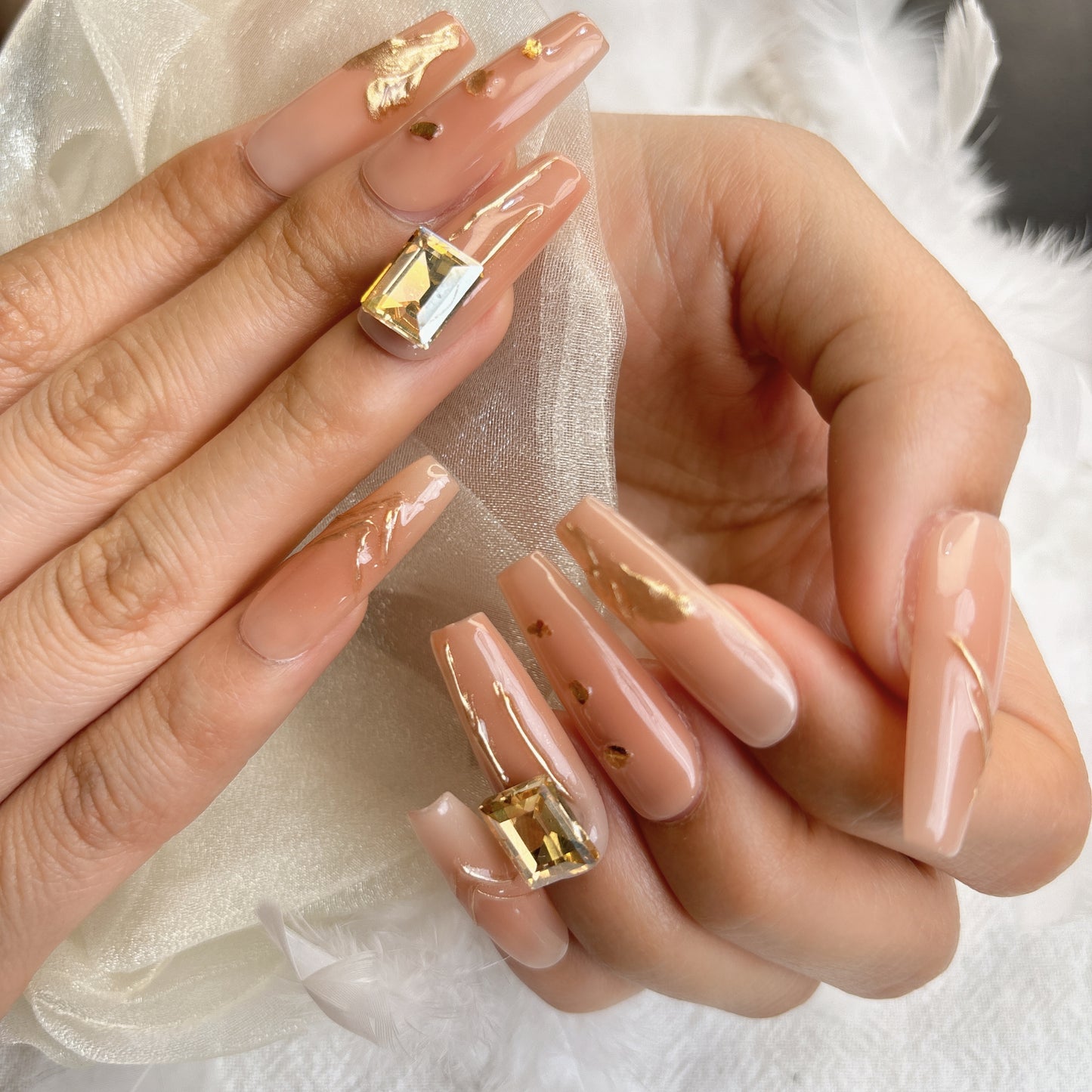 079 Long Square 10PCS detachable reusable Handmade press on nails of  Gentle temperament gold leaf manicure