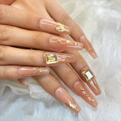 079 Long Square 10PCS detachable reusable Handmade press on nails of  Gentle temperament gold leaf manicure