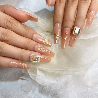 079 Long Square 10PCS detachable reusable Handmade press on nails of  Gentle temperament gold leaf manicure