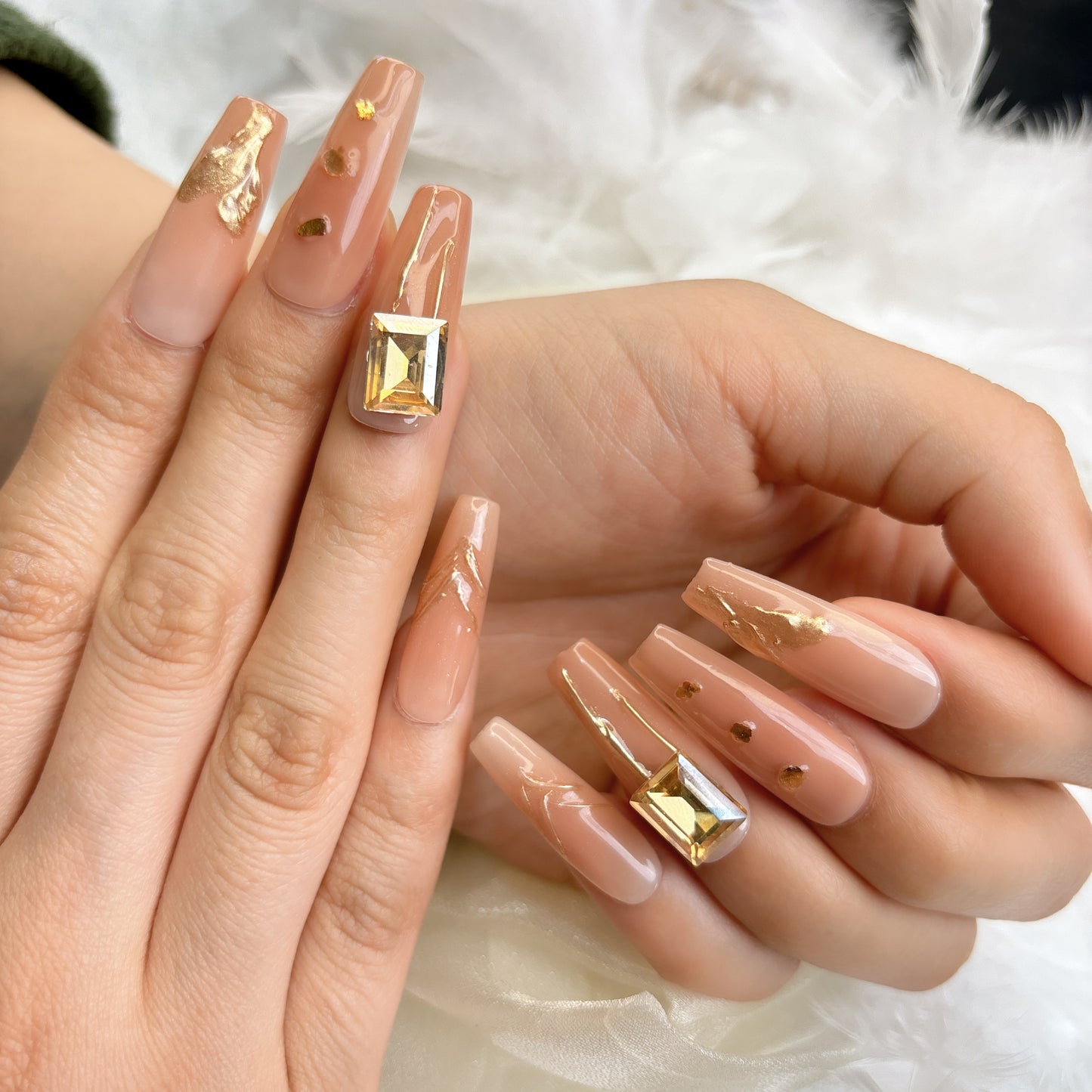 079 Long Square 10PCS detachable reusable Handmade press on nails of  Gentle temperament gold leaf manicure